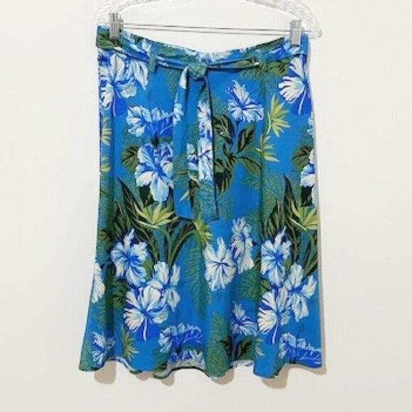 Kahala Hawaiian A-Line Skirt Blue Floral w/ Tie Belt - Picture 1 of 5